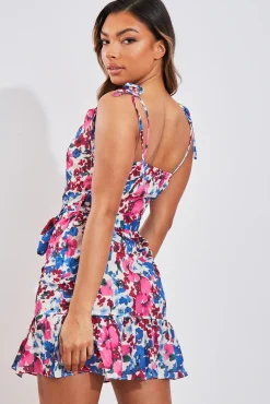 Rebellious Fashion Pink Floral Cowl Neck Tie Waist Mini Dress - Viola