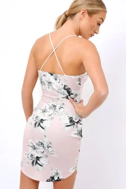 Rebellious Fashion Pink Floral Curved Strappy Bodycon Dress - Collette