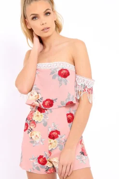 Rebellious Fashion Pink Floral Lace Trim Playsuit - Tamika