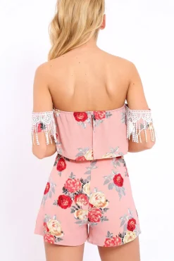 Rebellious Fashion Pink Floral Lace Trim Playsuit - Tamika