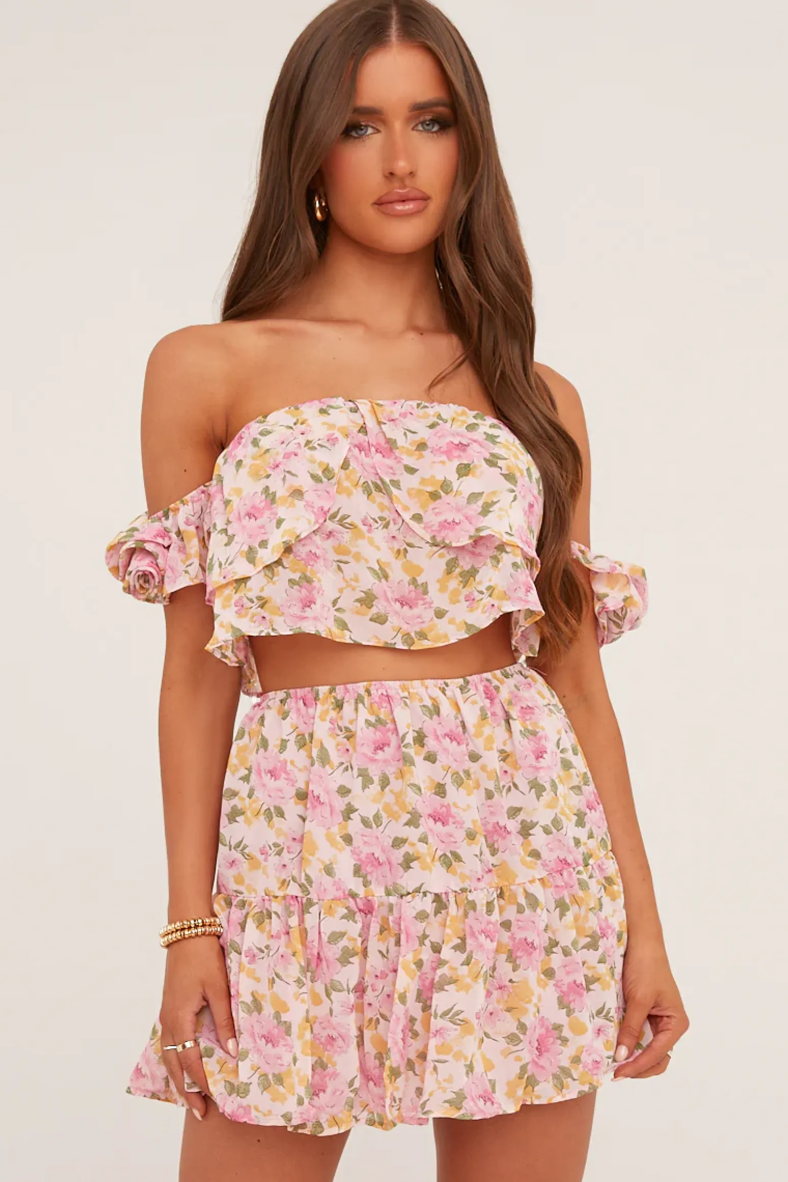 Rebellious Fashion Pink Floral Print Bardot Crop Top & Mini Skirt Co-ord Set - Kayle