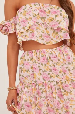 Rebellious Fashion Pink Floral Print Bardot Crop Top & Mini Skirt Co-ord Set - Kayle