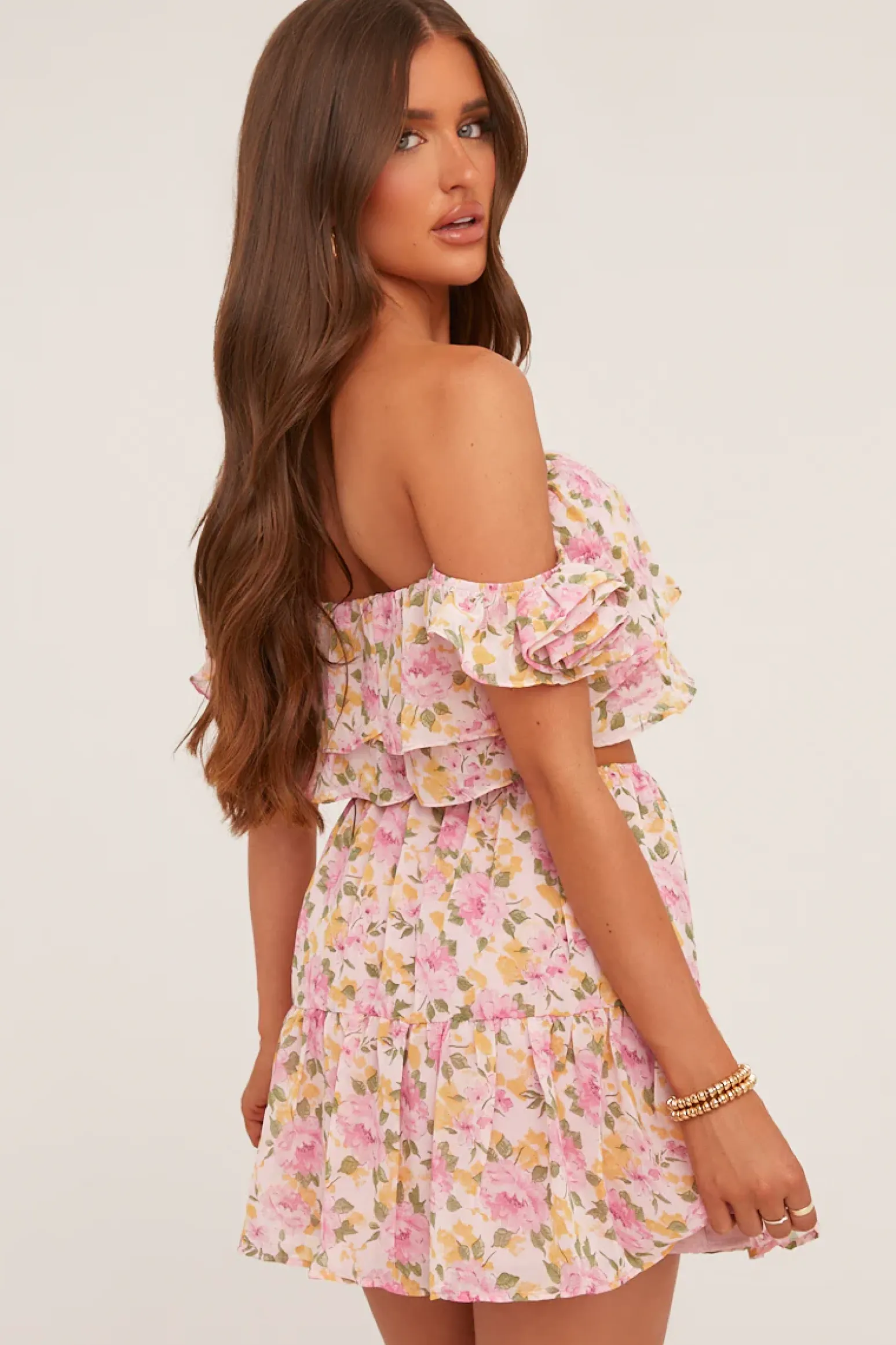 Rebellious Fashion Pink Floral Print Bardot Crop Top & Mini Skirt Co-ord Set - Kayle