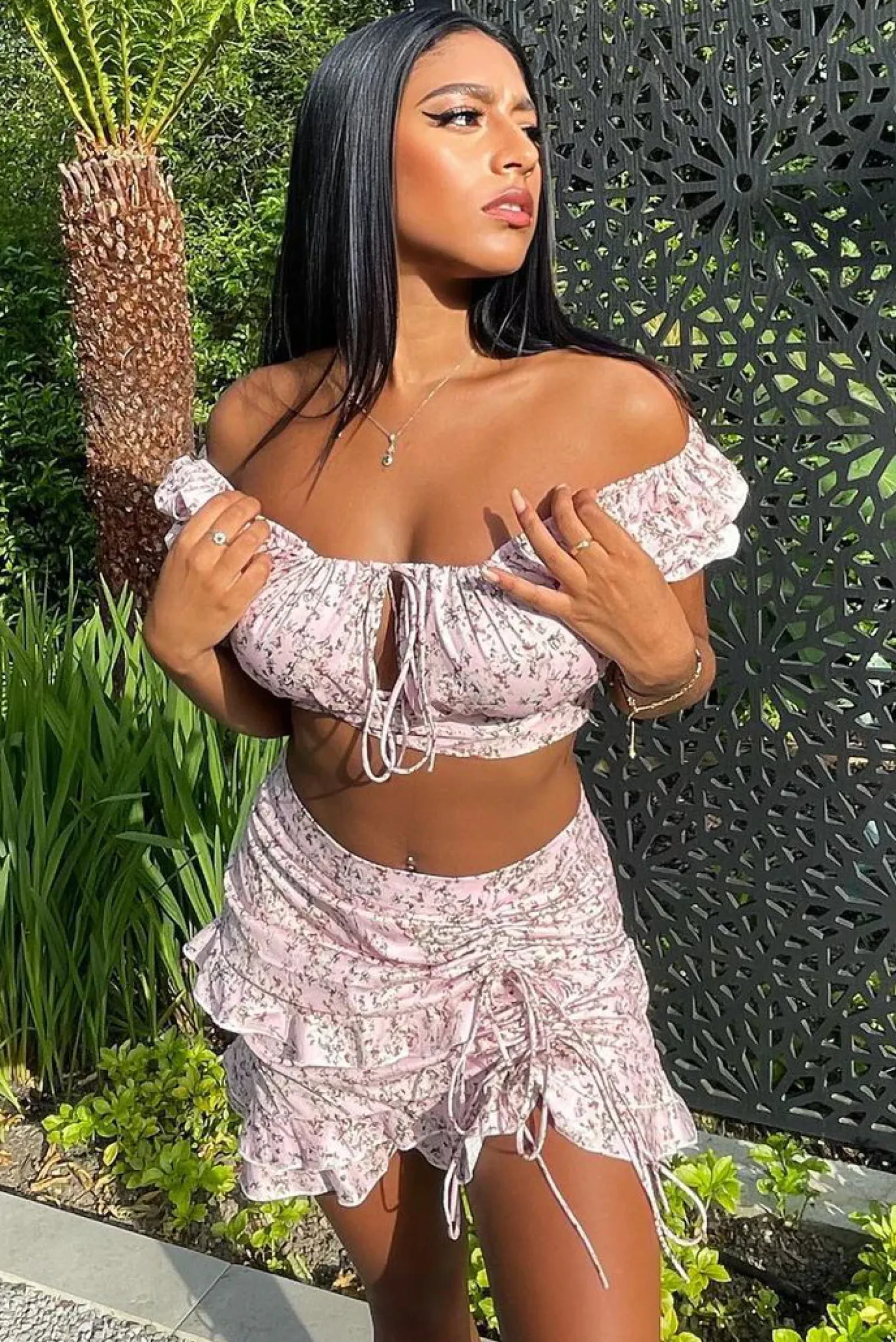 Rebellious Fashion Pink Floral Print Bardot Crop Top & Frill Mini Skirt Set - Carly