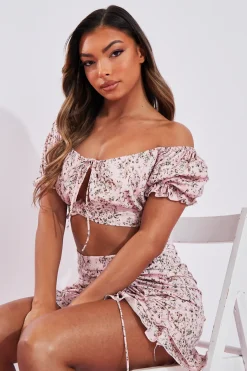 Rebellious Fashion Pink Floral Print Bardot Crop Top & Frill Mini Skirt Set - Carly