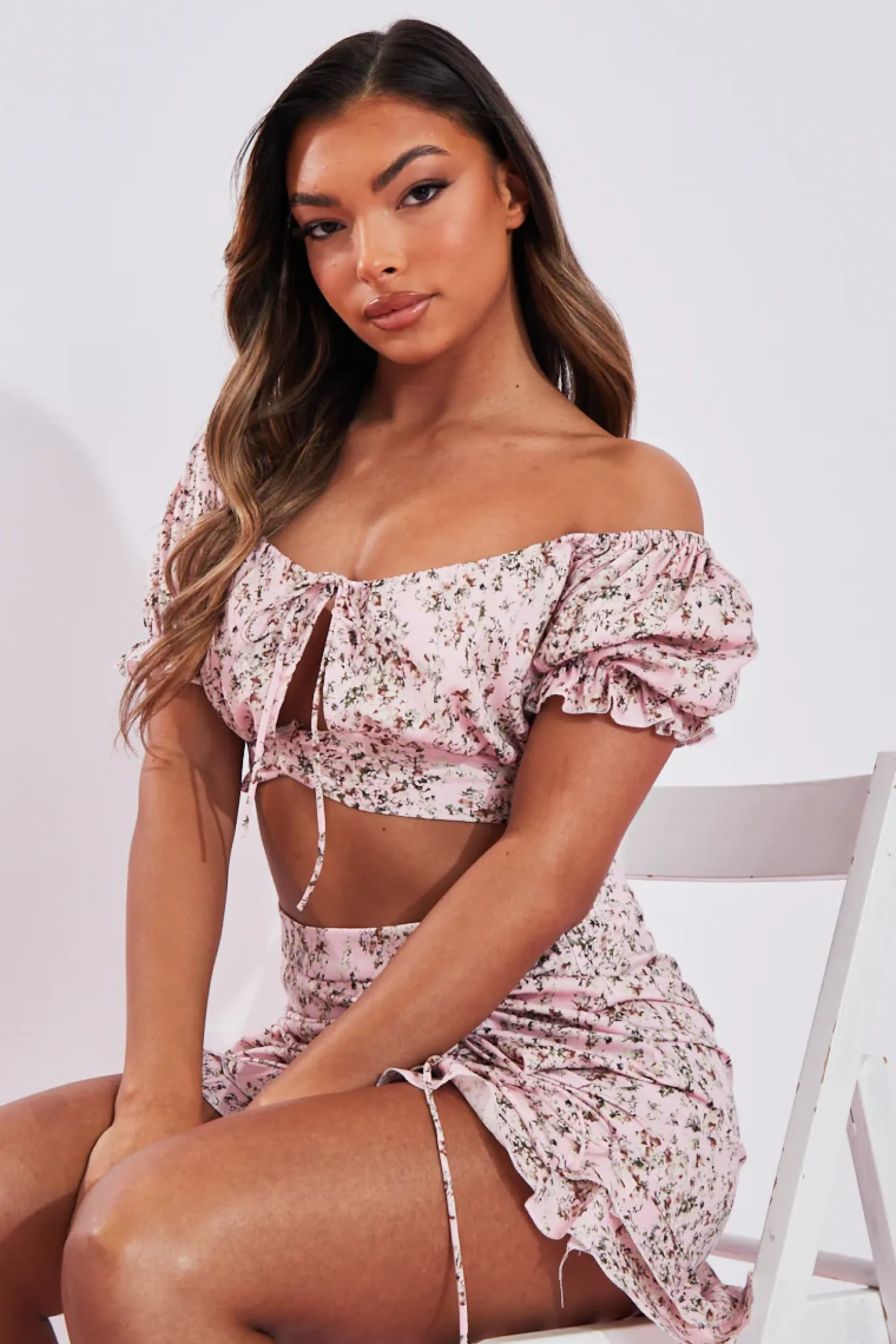 Rebellious Fashion Pink Floral Print Bardot Crop Top & Frill Mini Skirt Set - Carly
