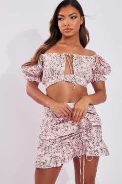 Rebellious Fashion Pink Floral Print Bardot Crop Top & Frill Mini Skirt Set - Carly