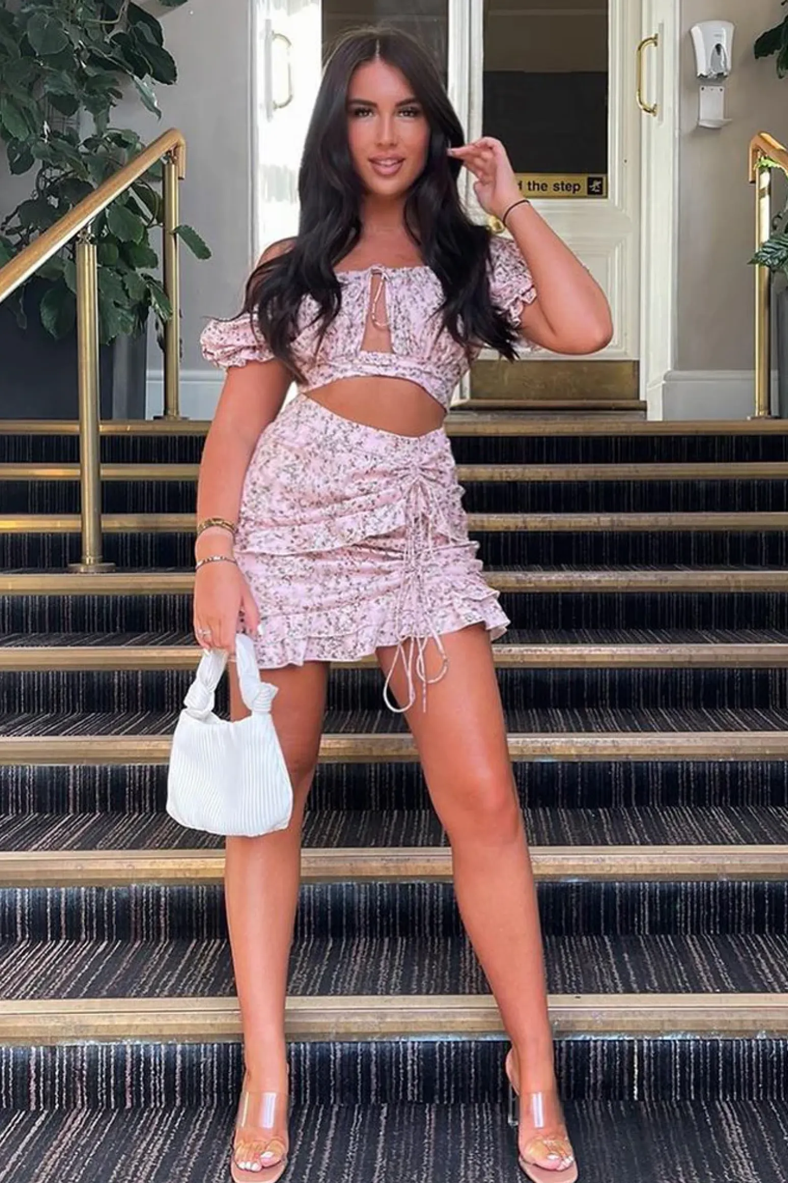 Rebellious Fashion Pink Floral Print Bardot Crop Top & Frill Mini Skirt Set - Carly