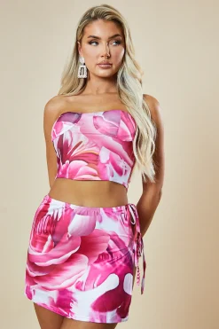 Rebellious Fashion Pink Floral Print Corset Crop Top & Mini Skirt Co-ord Set - Katana