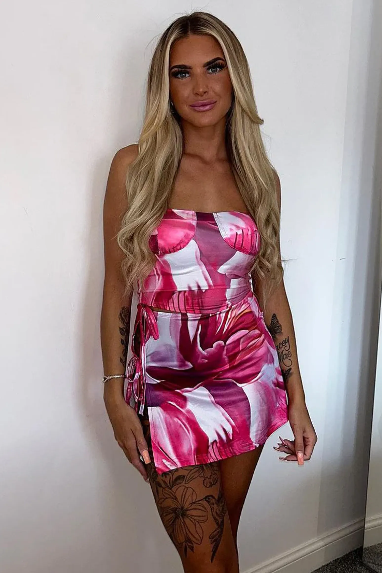 Rebellious Fashion Pink Floral Print Corset Crop Top & Mini Skirt Co-ord Set - Katana