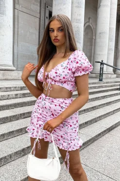 Rebellious Fashion Pink Floral Print Crop Top + Frill Skirt Set - Abryana