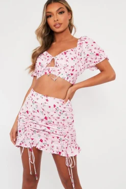 Rebellious Fashion Pink Floral Print Crop Top + Frill Skirt Set - Abryana