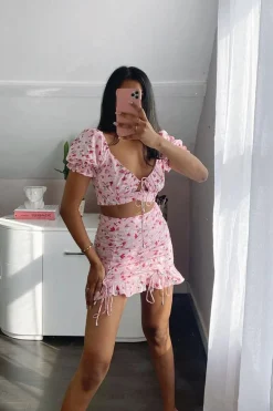 Rebellious Fashion Pink Floral Print Crop Top + Frill Skirt Set - Abryana