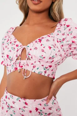 Rebellious Fashion Pink Floral Print Crop Top + Frill Skirt Set - Abryana