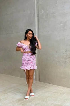 Rebellious Fashion Pink Floral Print Crop Top + Frill Skirt Set - Abryana