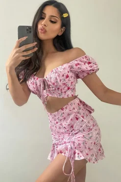 Rebellious Fashion Pink Floral Print Crop Top + Frill Skirt Set - Abryana