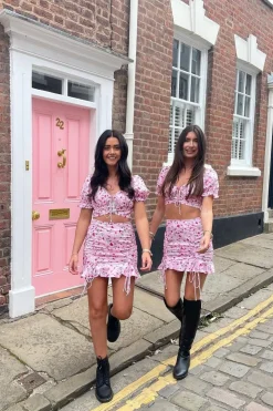 Rebellious Fashion Pink Floral Print Crop Top + Frill Skirt Set - Abryana