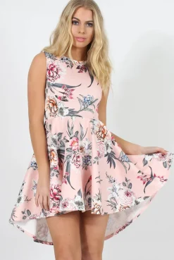 Rebellious Fashion Pink Floral Print Dipped Hem Skater Dress - Lizzie