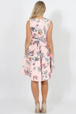 Rebellious Fashion Pink Floral Print Dipped Hem Skater Dress - Lizzie