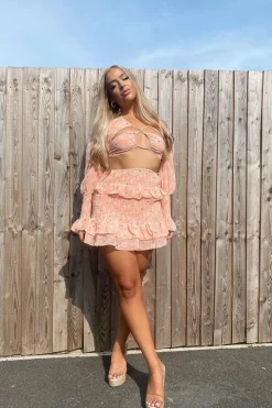 Rebellious Fashion Pink Floral Print Lace Up Crop Top & Shirred Skirt Set - Adelei