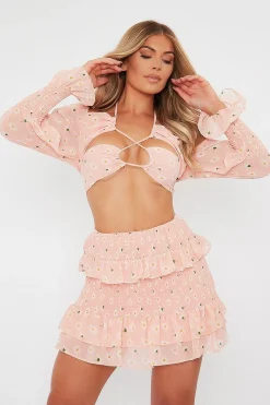 Rebellious Fashion Pink Floral Print Lace Up Crop Top & Shirred Skirt Set - Adelei