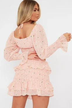 Rebellious Fashion Pink Floral Print Lace Up Crop Top & Shirred Skirt Set - Adelei