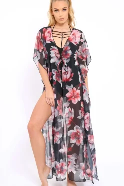 Rebellious Fashion Pink Floral Print Long Kimono - Vonda