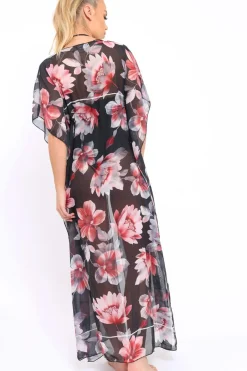Rebellious Fashion Pink Floral Print Long Kimono - Vonda