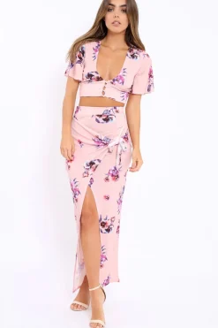 Rebellious Fashion Pink Floral Print Split Maxi Skirt- Shayna