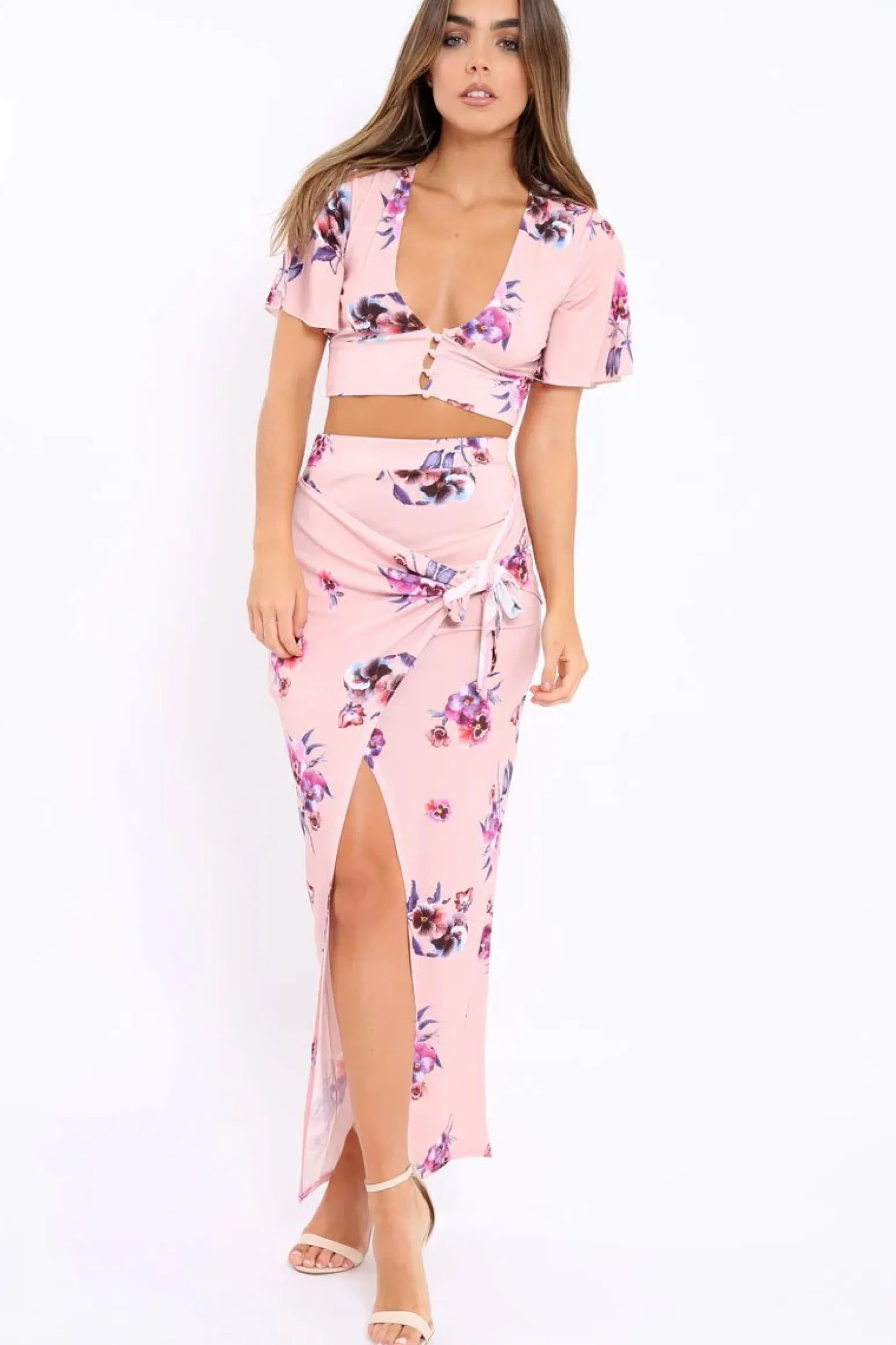 Rebellious Fashion Pink Floral Print Split Maxi Skirt- Shayna