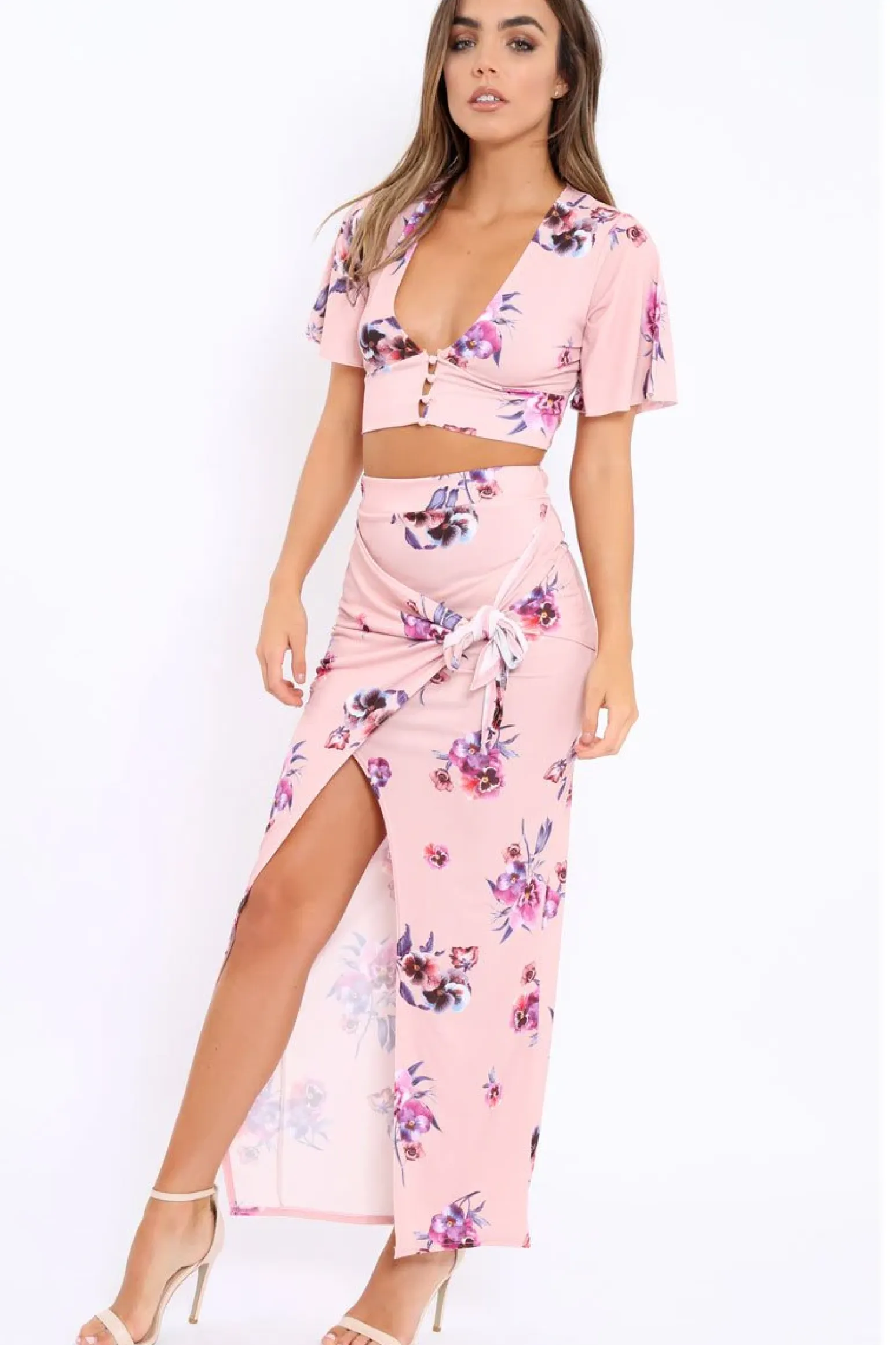Rebellious Fashion Pink Floral Print Split Maxi Skirt- Shayna