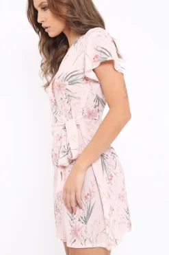 Rebellious Fashion Pink Floral Print Wrap Dress - Norie