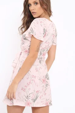 Rebellious Fashion Pink Floral Print Wrap Dress - Norie