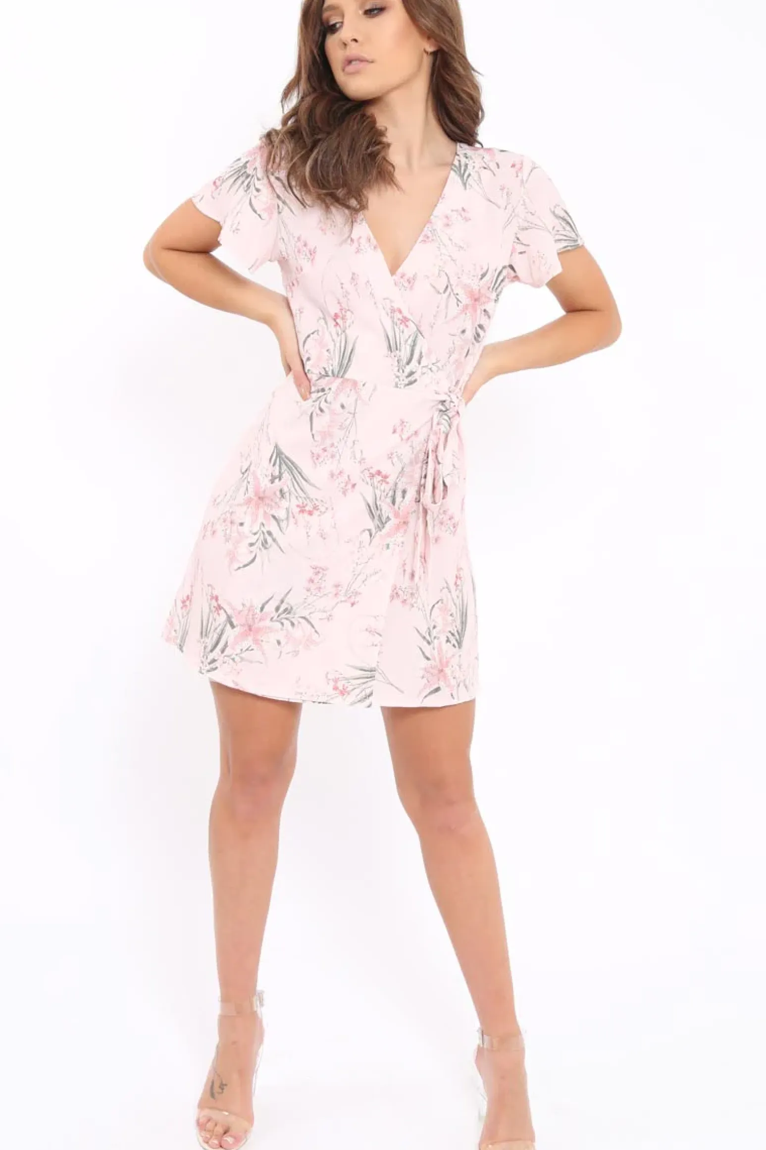 Rebellious Fashion Pink Floral Print Wrap Dress - Norie