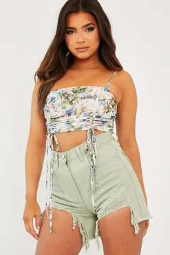 Rebellious Fashion Pink Floral Ruched Front Crop Top - Pandora