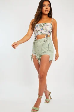 Rebellious Fashion Pink Floral Ruched Front Crop Top - Pandora