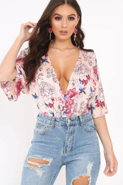 Rebellious Fashion Pink Floral Satin Plunge Bodysuit - Feona