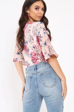 Rebellious Fashion Pink Floral Satin Plunge Bodysuit - Feona