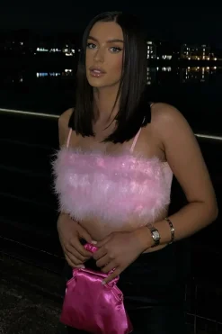 Rebellious Fashion Pink Fluffy Faux Fur Crop Top - Harper