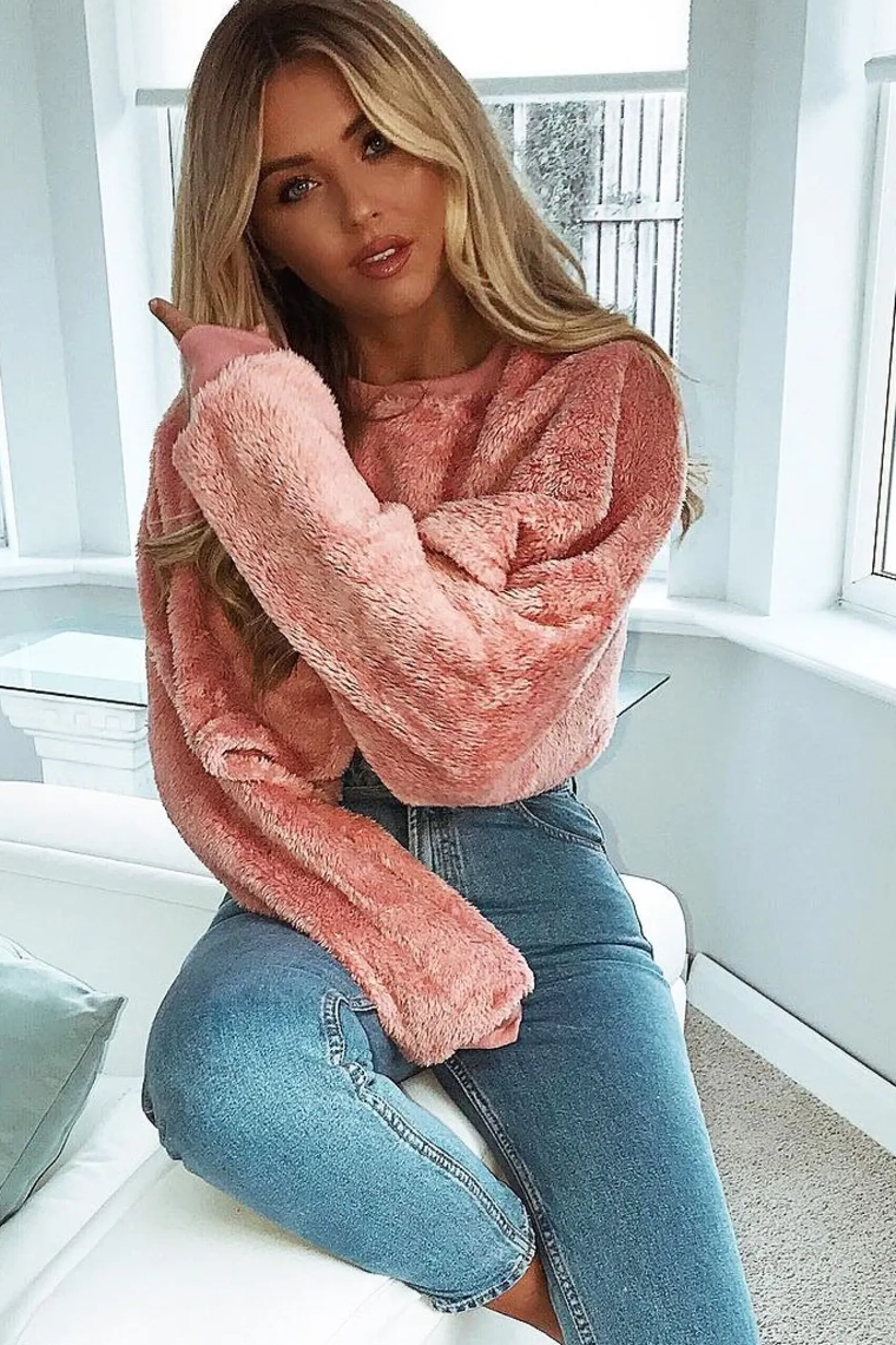 Rebellious Fashion Pink Fluffy Long Sleeve Crop Jumper - Noura