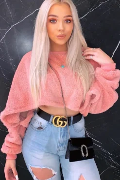 Rebellious Fashion Pink Fluffy Long Sleeve Crop Jumper - Noura
