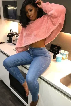 Rebellious Fashion Pink Fluffy Long Sleeve Crop Jumper - Noura