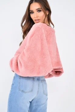 Rebellious Fashion Pink Fluffy Long Sleeve Crop Jumper - Noura