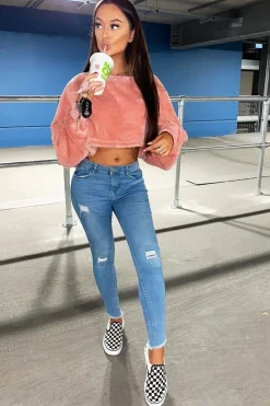 Rebellious Fashion Pink Fluffy Long Sleeve Crop Jumper - Noura