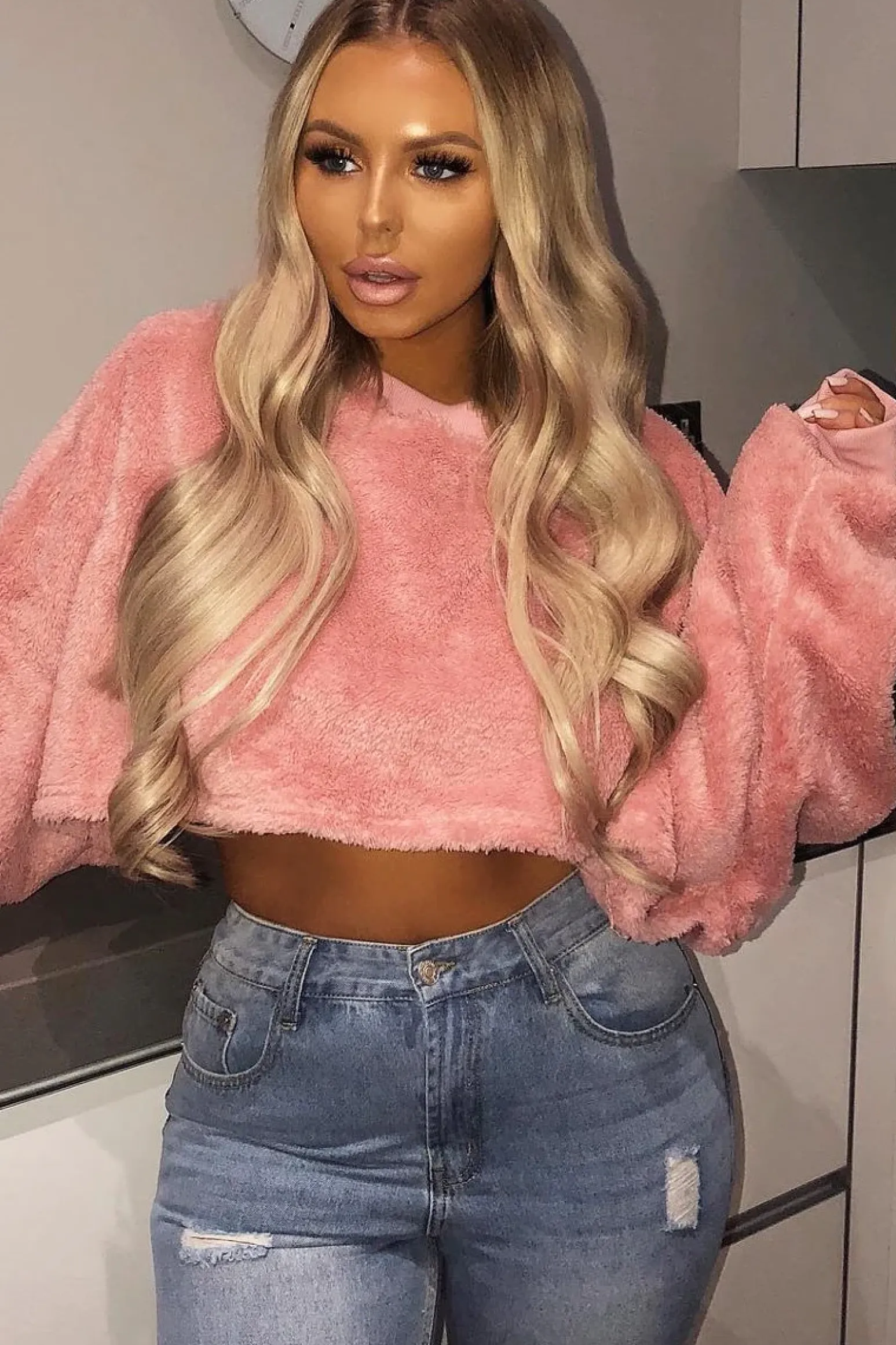 Rebellious Fashion Pink Fluffy Long Sleeve Crop Jumper - Noura