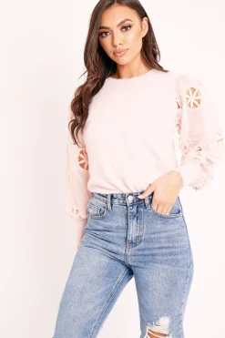 Rebellious Fashion Pink Fluffy Yarn Crochet Mesh Sleeve Jumper - Brigitte
