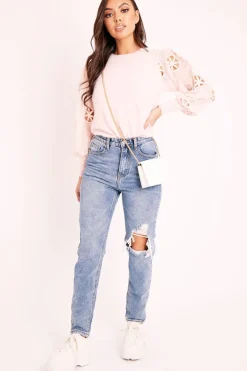 Rebellious Fashion Pink Fluffy Yarn Crochet Mesh Sleeve Jumper - Brigitte