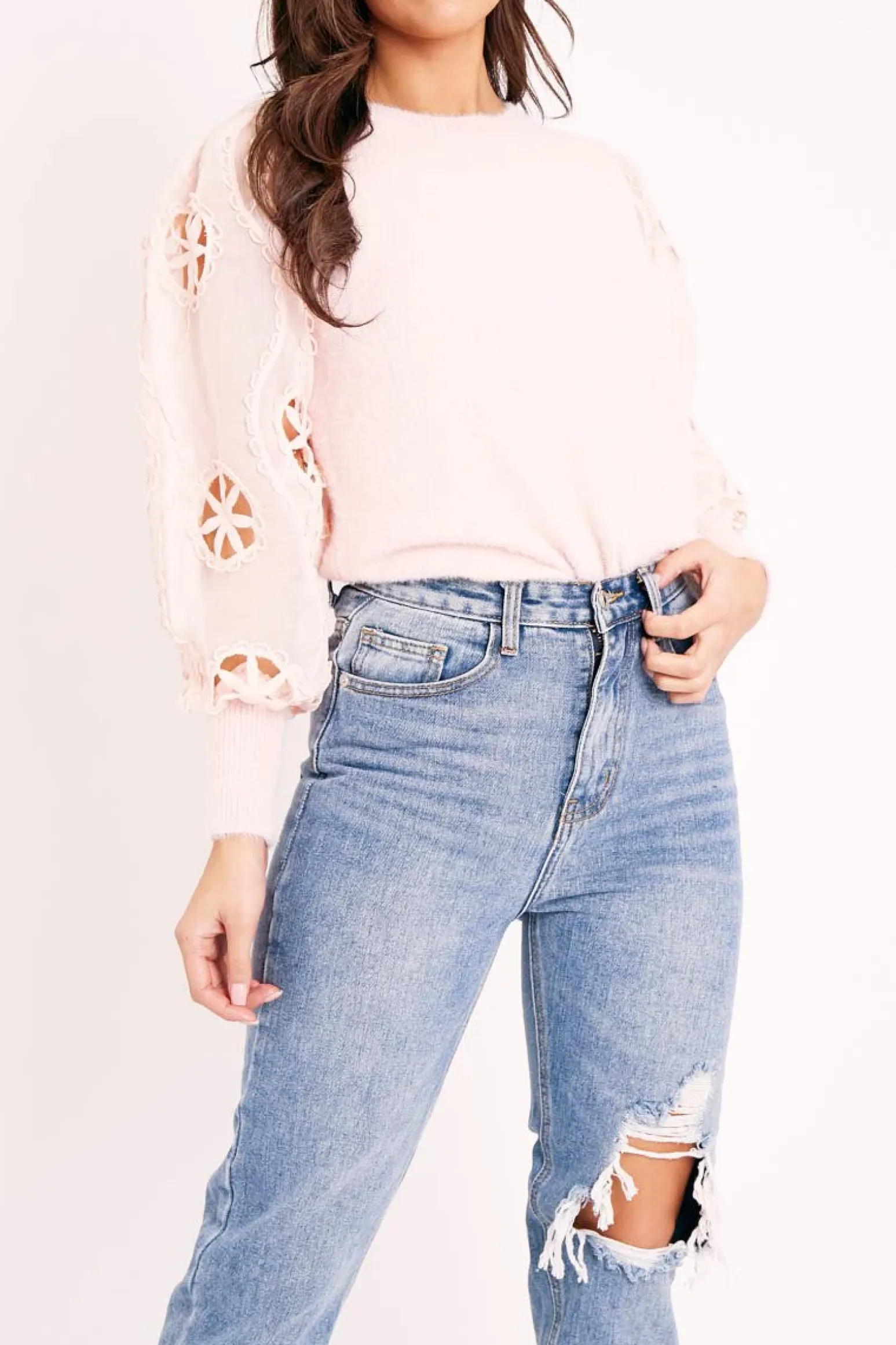 Rebellious Fashion Pink Fluffy Yarn Crochet Mesh Sleeve Jumper - Brigitte