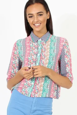 Rebellious Fashion Pink Folk Print Cropped Shirt - Tiff