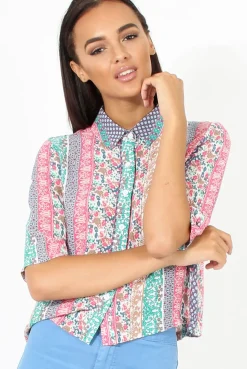 Rebellious Fashion Pink Folk Print Cropped Shirt - Tiff